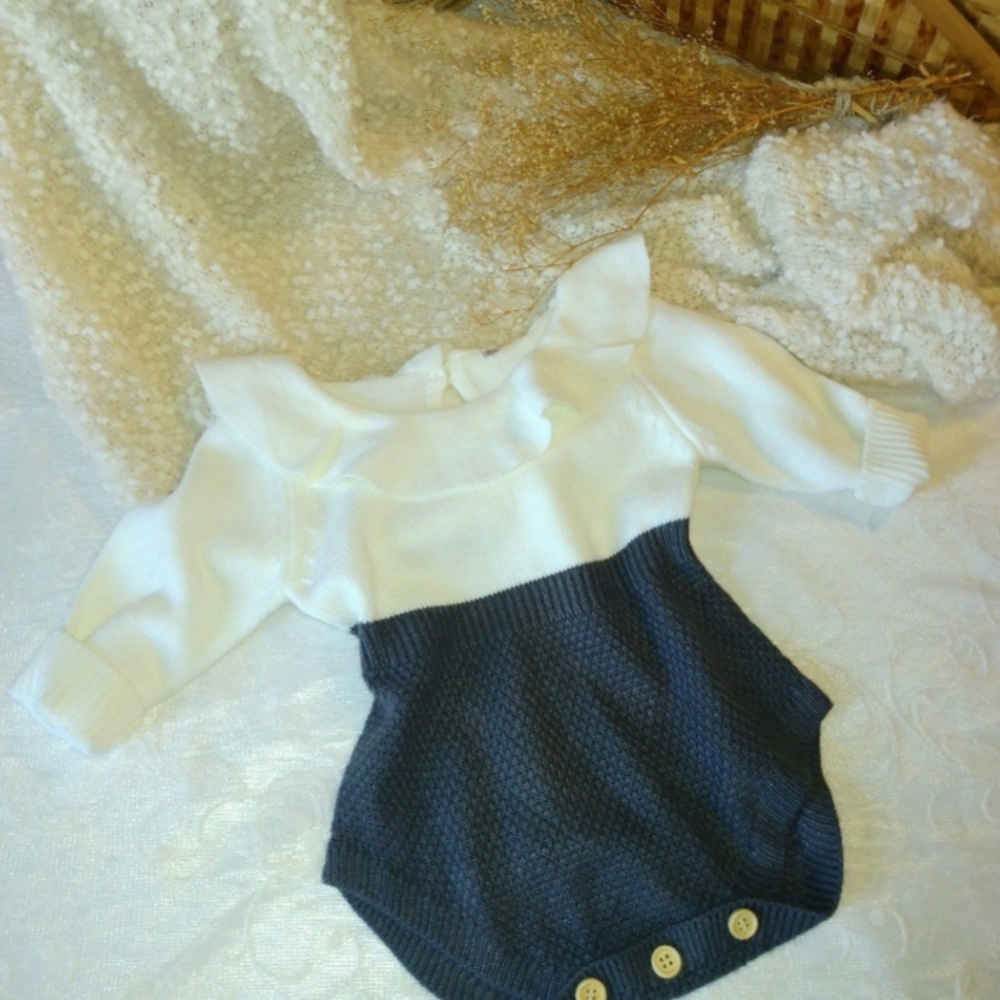 White and Navy Baby Romper